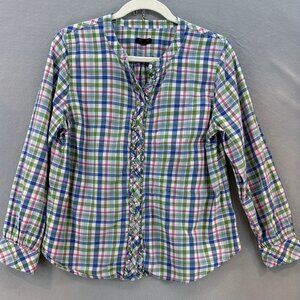 Talbots‎ Women's LINEN BLEND Size Large Petite Rainbow Ruffle Blouse Shirt Top